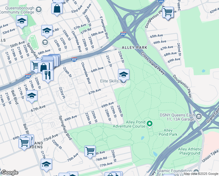 map of restaurants, bars, coffee shops, grocery stores, and more near 64-67 229th Street in Queens