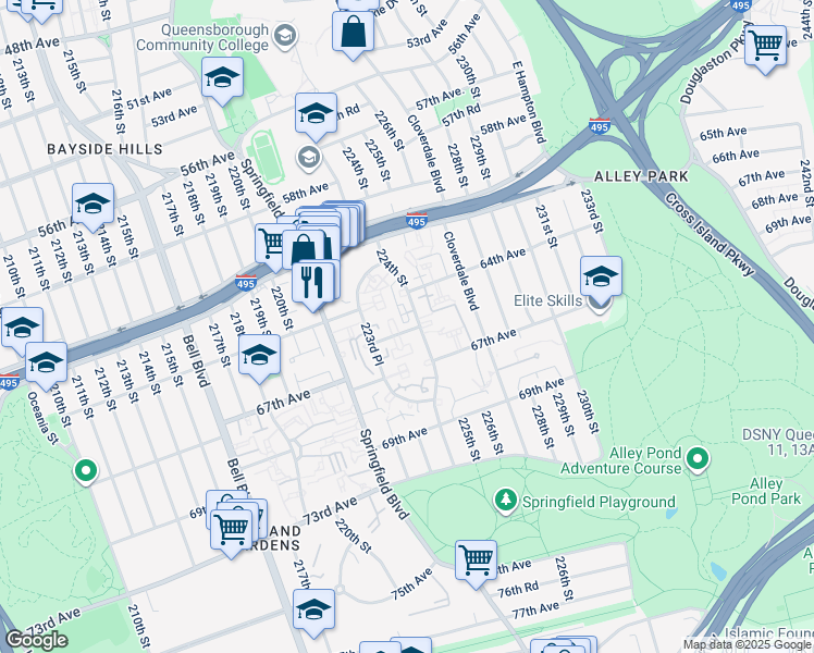 map of restaurants, bars, coffee shops, grocery stores, and more near 64-39 224 Street in Queens