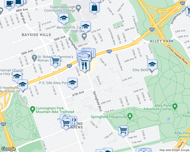 map of restaurants, bars, coffee shops, grocery stores, and more near 221-22 64th Avenue in Queens