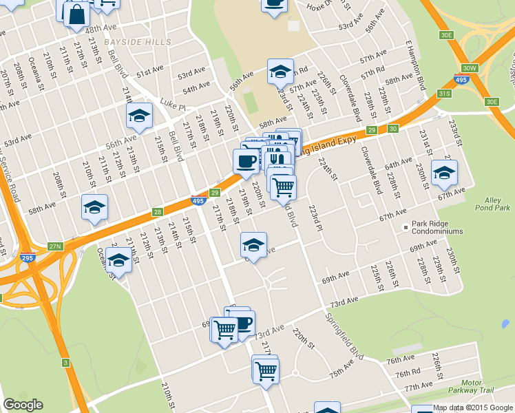 map of restaurants, bars, coffee shops, grocery stores, and more near 61-33 219th Street in Queens