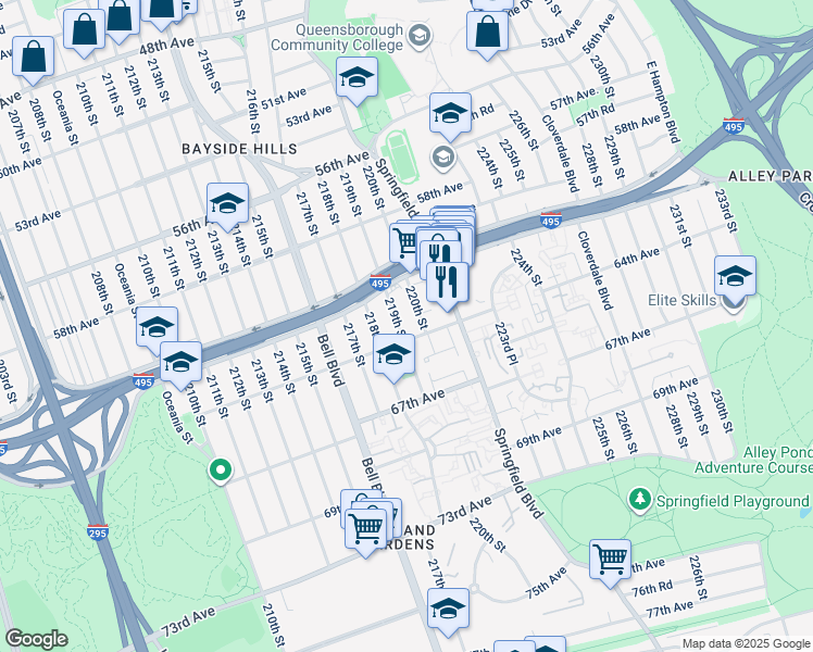 map of restaurants, bars, coffee shops, grocery stores, and more near 61-33 219th Street in Queens