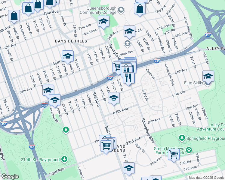 map of restaurants, bars, coffee shops, grocery stores, and more near 61-33 219th Street in Queens