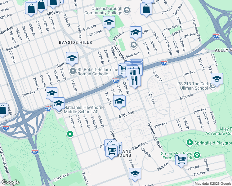 map of restaurants, bars, coffee shops, grocery stores, and more near 61-10 218th Street in Queens