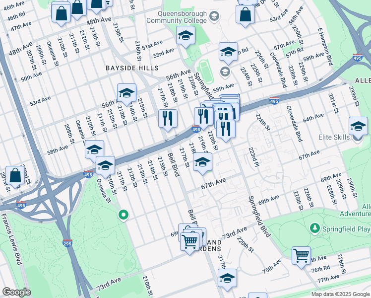 map of restaurants, bars, coffee shops, grocery stores, and more near 61-10 218th Street in Queens