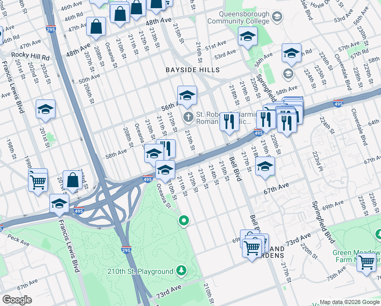 map of restaurants, bars, coffee shops, grocery stores, and more near 58-52 214th Street in Queens