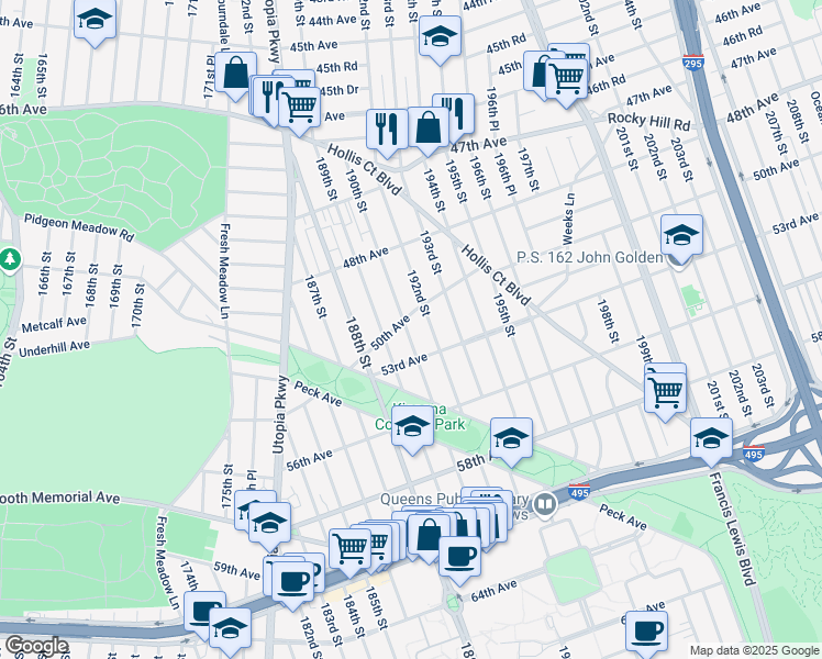map of restaurants, bars, coffee shops, grocery stores, and more near 189-19 50th Avenue in Queens