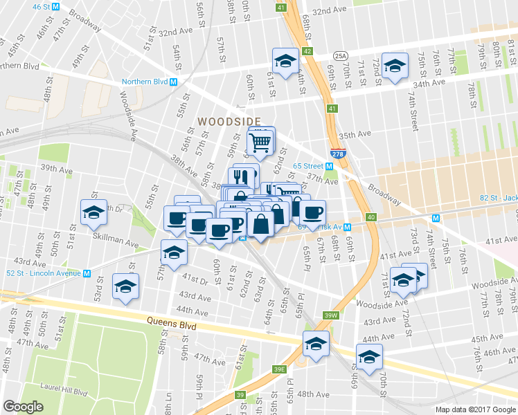 map of restaurants, bars, coffee shops, grocery stores, and more near 38-03 61st Street in Queens