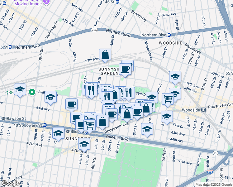 map of restaurants, bars, coffee shops, grocery stores, and more near 39-49 50th Street in Queens