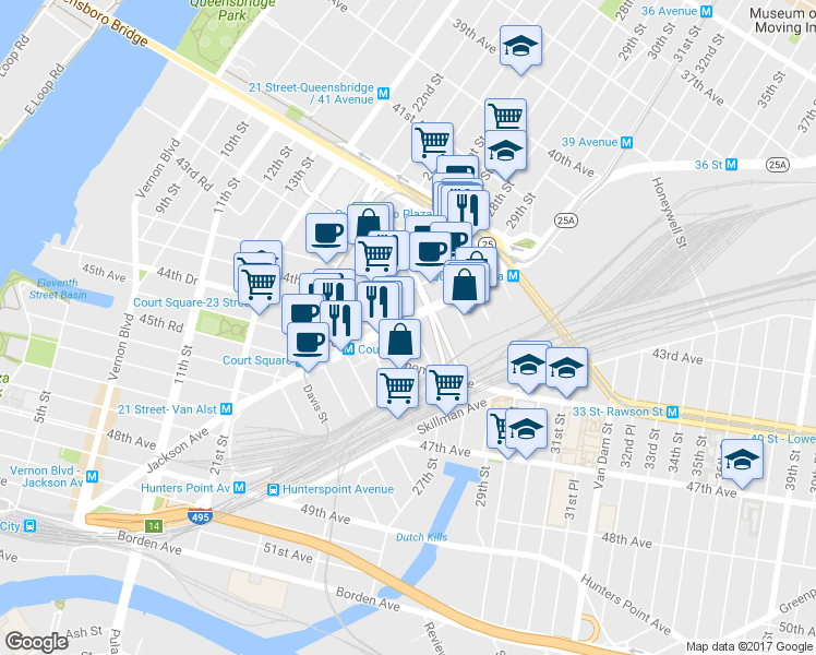 map of restaurants, bars, coffee shops, grocery stores, and more near 26-36 Jackson Avenue in Queens