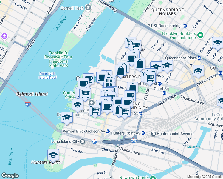 map of restaurants, bars, coffee shops, grocery stores, and more near 45-40 Vernon Boulevard in Queens