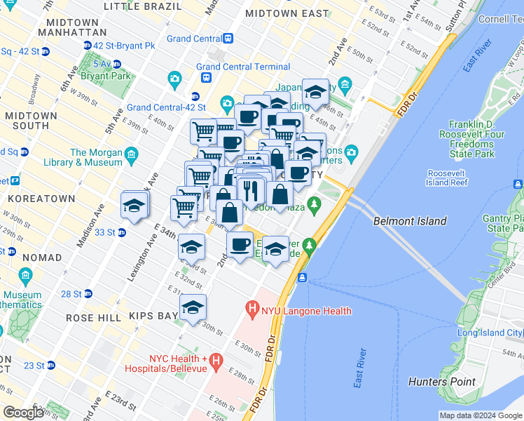 map of restaurants, bars, coffee shops, grocery stores, and more near in New York