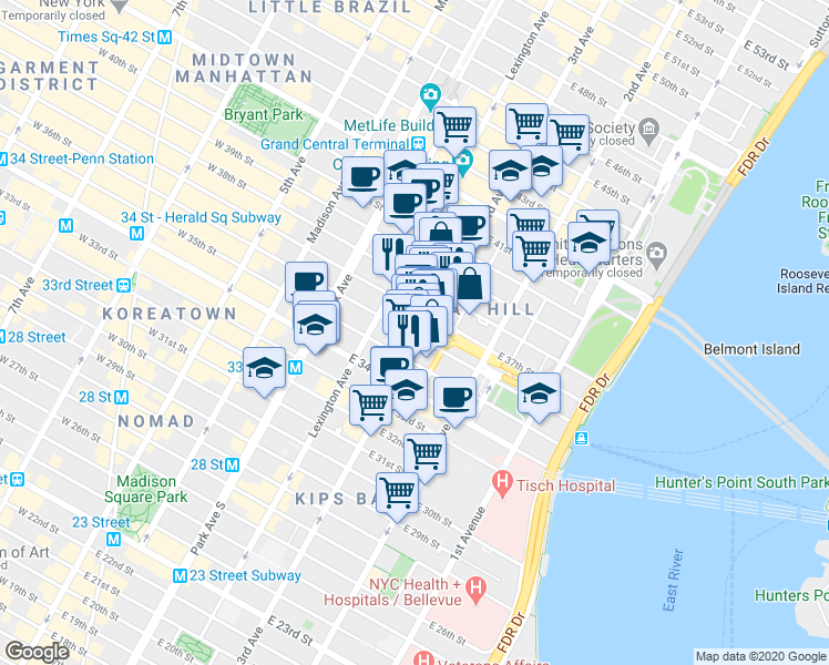 map of restaurants, bars, coffee shops, grocery stores, and more near 55456 3rd Avenue in New York