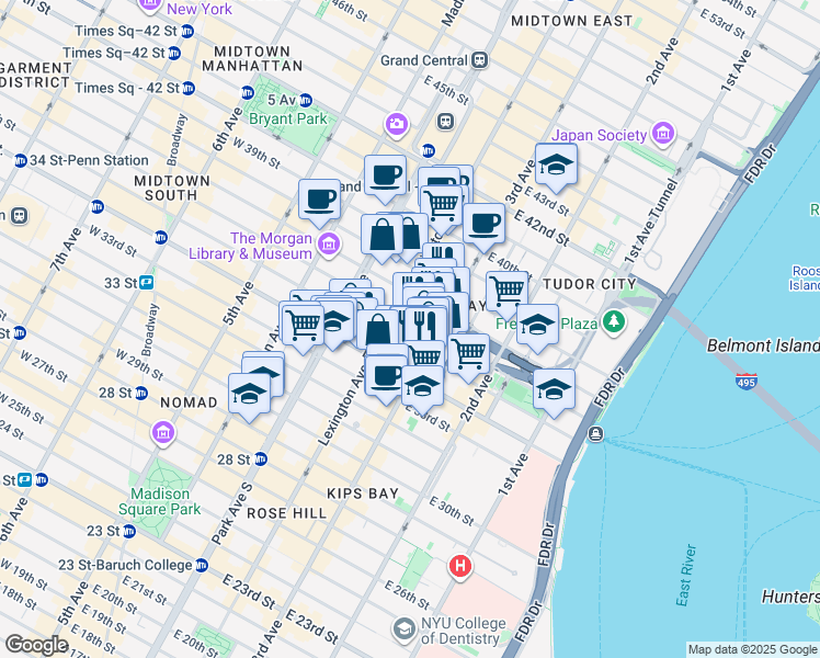 map of restaurants, bars, coffee shops, grocery stores, and more near 136 East 36th Street in New York