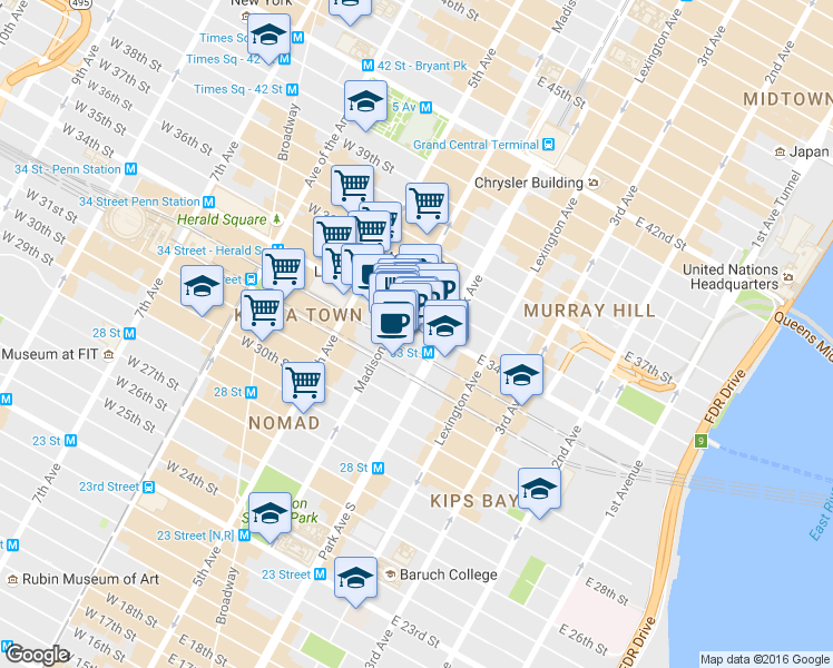 map of restaurants, bars, coffee shops, grocery stores, and more near 185 Madison Avenue in New York