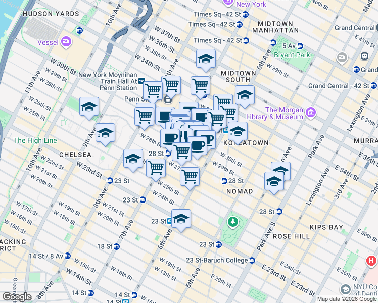 map of restaurants, bars, coffee shops, grocery stores, and more near 145 West 28th Street in New York
