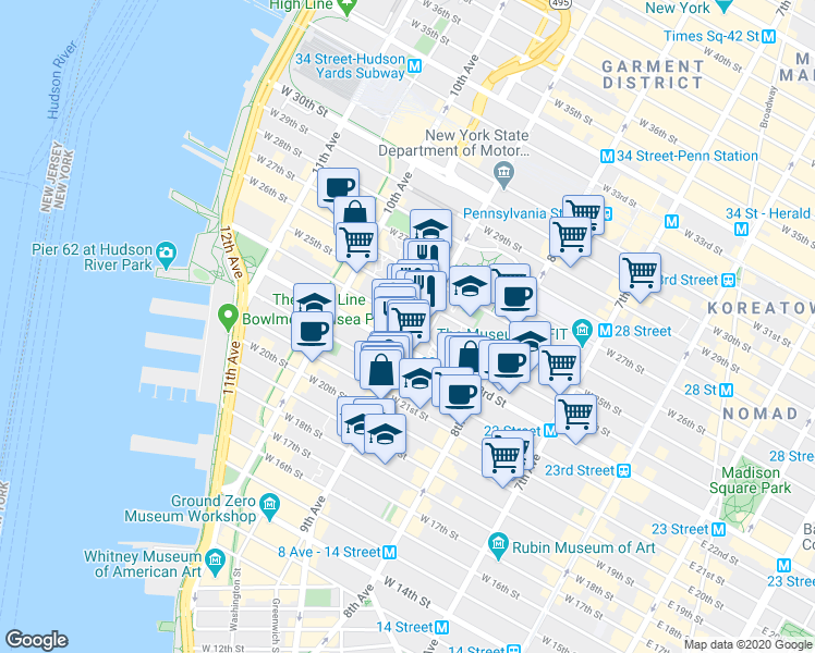map of restaurants, bars, coffee shops, grocery stores, and more near 233 9th Avenue in New York