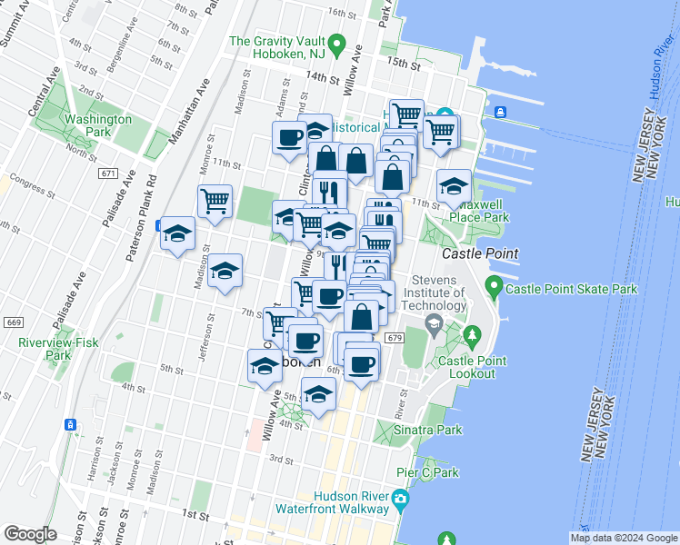 map of restaurants, bars, coffee shops, grocery stores, and more near 167 9th Street in Hoboken