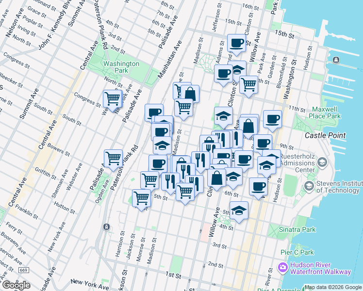 map of restaurants, bars, coffee shops, grocery stores, and more near 480 8th Street in Hoboken