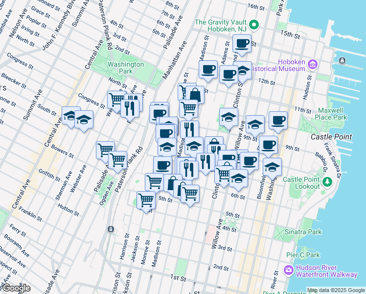 map of restaurants, bars, coffee shops, grocery stores, and more near 716-32 Madison Street in Hoboken