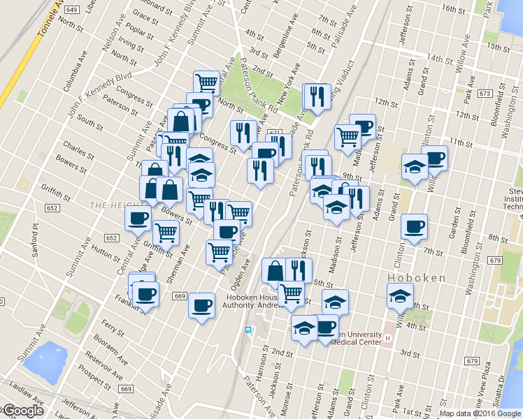 map of restaurants, bars, coffee shops, grocery stores, and more near in Jersey City