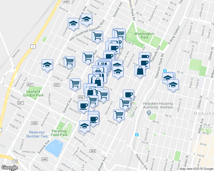 map of restaurants, bars, coffee shops, grocery stores, and more near 131 Cambridge Avenue in Jersey City