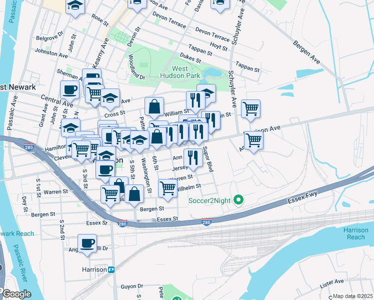 map of restaurants, bars, coffee shops, grocery stores, and more near 728 Harrison Avenue in Harrison