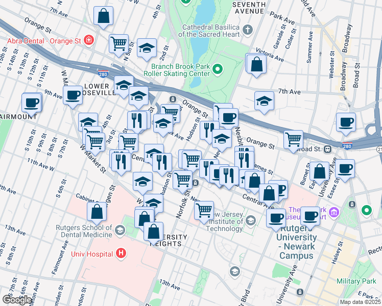 map of restaurants, bars, coffee shops, grocery stores, and more near 67 Hudson Street in Newark