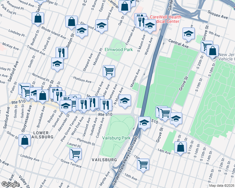 map of restaurants, bars, coffee shops, grocery stores, and more near 71 North Munn Avenue in Newark