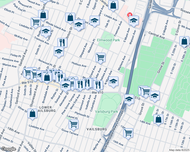 map of restaurants, bars, coffee shops, grocery stores, and more near 78 Cedar Avenue in Newark