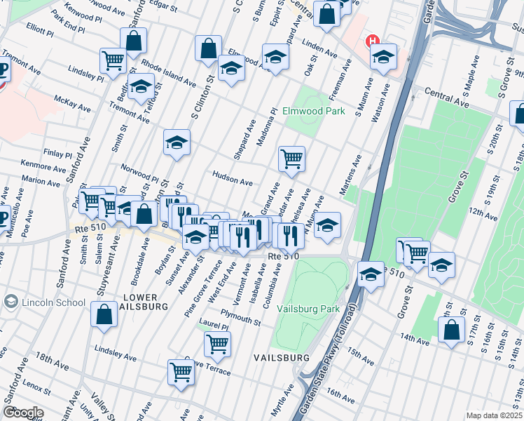 map of restaurants, bars, coffee shops, grocery stores, and more near 73 Grand Avenue in Newark