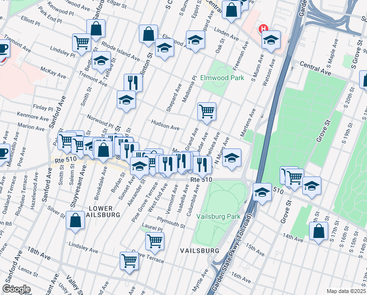 map of restaurants, bars, coffee shops, grocery stores, and more near 73 Grand Avenue in Newark