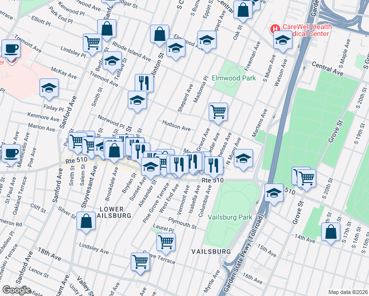 map of restaurants, bars, coffee shops, grocery stores, and more near 33 Arsdale Terrace in East Orange