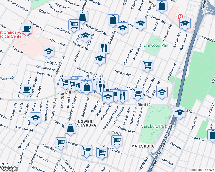 map of restaurants, bars, coffee shops, grocery stores, and more near 53 Sunnyside Terrace in East Orange