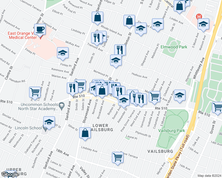 map of restaurants, bars, coffee shops, grocery stores, and more near 548 South Clinton Street in East Orange