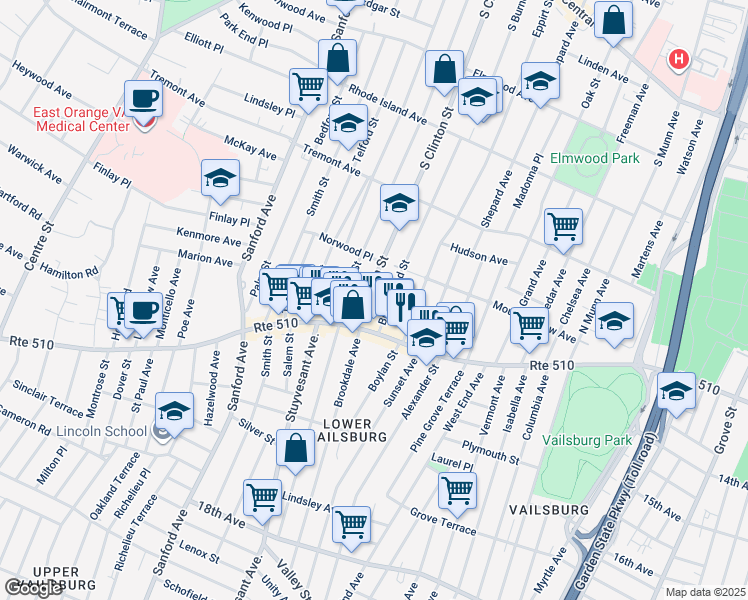 map of restaurants, bars, coffee shops, grocery stores, and more near 548 South Clinton Street in East Orange