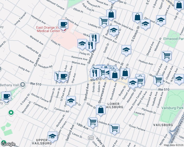 map of restaurants, bars, coffee shops, grocery stores, and more near 135 Smith Street in Newark