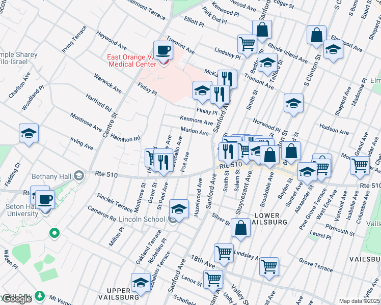 map of restaurants, bars, coffee shops, grocery stores, and more near 54 Poe Avenue in Newark