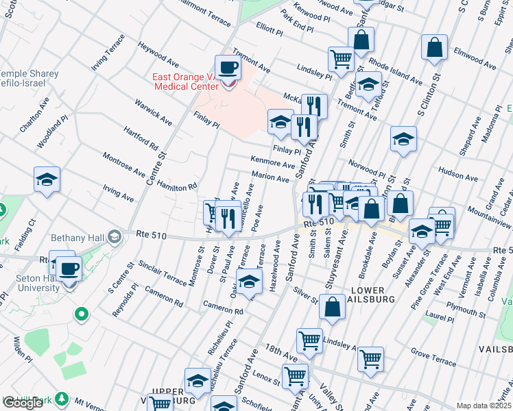 map of restaurants, bars, coffee shops, grocery stores, and more near 53 Monticello Avenue in Newark