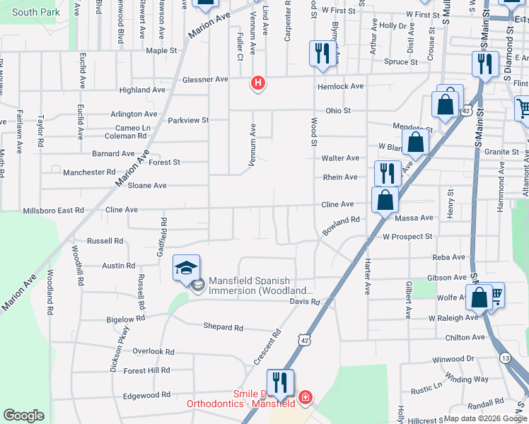 map of restaurants, bars, coffee shops, grocery stores, and more near 339 Cline Avenue in Mansfield