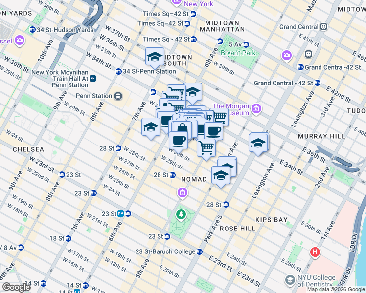 map of restaurants, bars, coffee shops, grocery stores, and more near 36 West 31st Street in New York