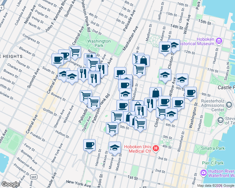 map of restaurants, bars, coffee shops, grocery stores, and more near 770 Jackson Street in Hoboken