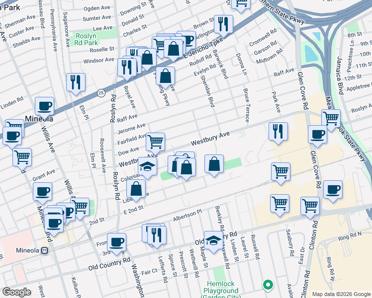 map of restaurants, bars, coffee shops, grocery stores, and more near 126 Westbury Avenue in Mineola