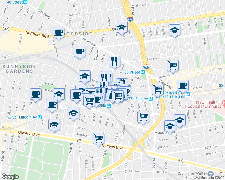 map of restaurants, bars, coffee shops, grocery stores, and more near 38-03 61st Street in Queens