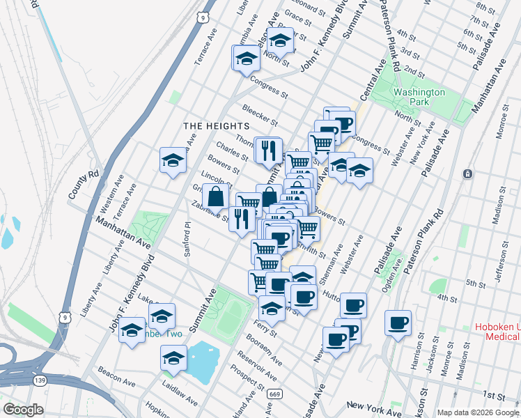 map of restaurants, bars, coffee shops, grocery stores, and more near 65 Lincoln Street in Jersey City