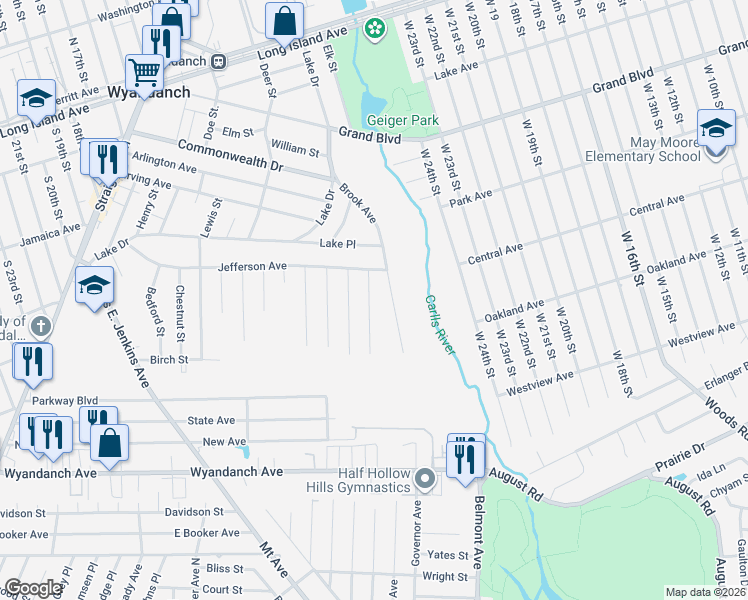 map of restaurants, bars, coffee shops, grocery stores, and more near 15 Maple Street in Wyandanch