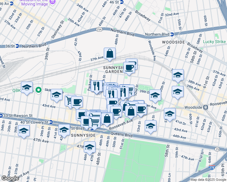 map of restaurants, bars, coffee shops, grocery stores, and more near 39-95 48th Street in Queens