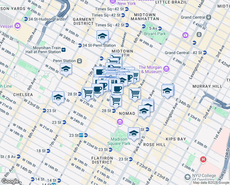 map of restaurants, bars, coffee shops, grocery stores, and more near 1245 Broadway in New York