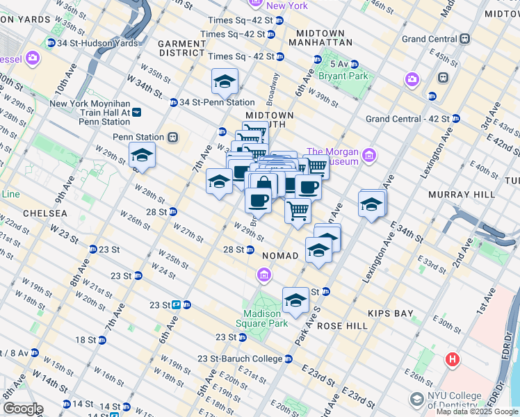 map of restaurants, bars, coffee shops, grocery stores, and more near 35 West 31st Street in New York