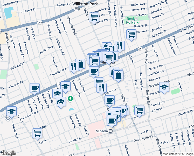 map of restaurants, bars, coffee shops, grocery stores, and more near 188 Jefferson Avenue in Mineola