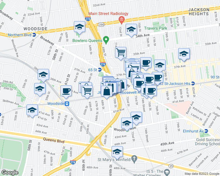 map of restaurants, bars, coffee shops, grocery stores, and more near 69-07 38th Avenue in Queens